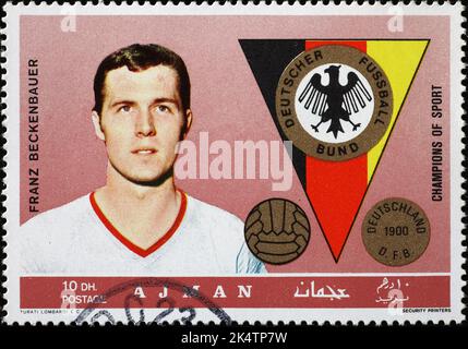 Deutscher Fußballspieler Franz Beckenbauer auf alter Briefmarke Stockfoto