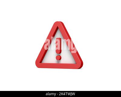 Rotes Warnschild isoliert auf weißem Hintergrund. Ausrufezeichen. Symbol für das Hinweisschild. Gefahrensymbol. 3d-Illustration. Stockfoto