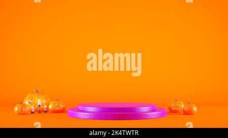 Halloween-Podium-Konzept mit violettem Sockel und Kürbissen auf orangefarbenem Hintergrund. Minimalistischer und moderner Halloween-Stand zur Darstellung von 3D-Rendering-Produkten. Stockfoto