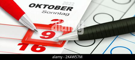 Deutscher Kalender 2022. Oktober 9 Sonntagswahl Niedersachsen und Bleistifte rot schwarz Stockfoto