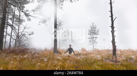 Eine Frau findet ihren inneren Frieden, während sie im Wald meditiert Stockfoto