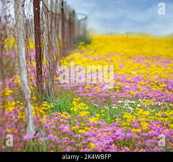 Nahaufnahme von bunten Namaqualand-Gänseblümchen, die auf einer Wiese wachsen, Namaqualand, Südafrika Stockfoto