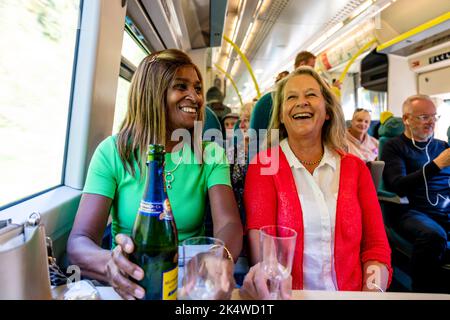 Zwei reife Frauen genießen Ein Glas Prosecco im Zug, Sussex, Großbritannien. Stockfoto