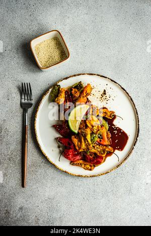 Geröstete Chilischoten mit Sesam Stockfoto
