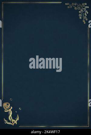 Nautischer Luxus Hintergrund Letterhead Blatt Veloursleder mit Anker und Algen geprägtem Gold Linien Deluxe Illustration - Blau Stockfoto