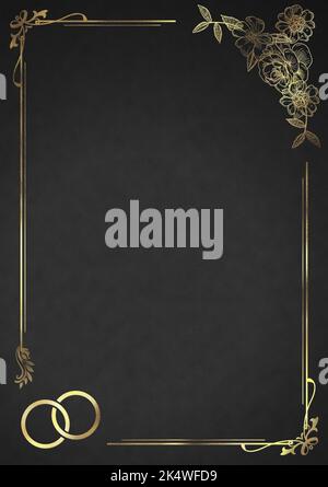 Hochzeit Einladung Hintergrund mit goldenen Blumenrahmen und Ringe - Schwarz Stockfoto