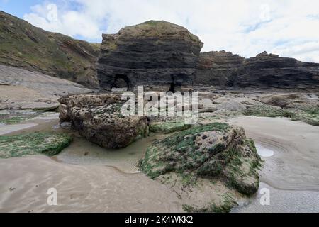 Geologischer Bogen mit an der Spitze verkrusteten Felsen im Vordergrund bei Broadhaven, Pembrokeshire. Stockfoto