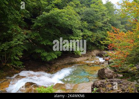 Wasserfälle in den Bergen Spaniens. Ordesa-Tal in den spanischen Pyrenäen. Herbst im Nationalpark Ordesa y Monte Perdido. Stockfoto