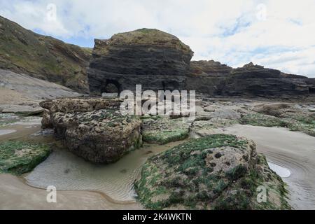 Geologischer Bogen mit an der Spitze verkrusteten Felsen im Vordergrund bei Broadhaven, Pembrokeshire. Stockfoto