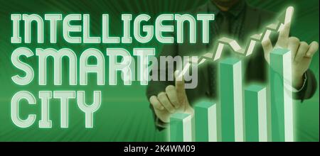 Textunterschrift mit Darstellung von Intelligent Smart City. Internet-Konzept Urban intelligente Gebäudeautomation System Geschäft Stockfoto