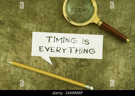 Handschriftenschild Timing ist alles. Es ist jetzt schnell und präzise, Termine einzuhalten Stockfoto