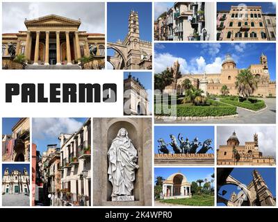 Palermo, Italien Postkarte - Reise Ort Wahrzeichen Fotocollage. Stockfoto