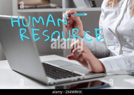 Schild mit der Anzeige Human Resource. Geschäftsidee eine kritische Abteilung, die mit dem Personal- und Mitarbeiteranliegen umgeht Stockfoto