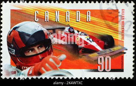Gilles Villeneuve und sein Ferrari auf kanadischer Briefmarke Stockfoto