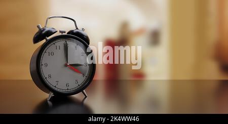 Rückfallzeit. Sommerzeit Ende. Schwarzer Wecker, eine Stunde zurück wechseln, Hintergrund verwischen. 3D Rendern Stockfoto