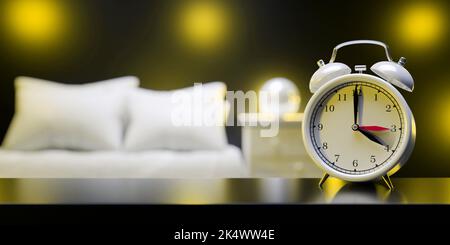 Ende Der Sommerzeit. Rückfallzeit. Wecker, Wechsel nach einer Stunde, verwackelte Hintergrundkulisse im Schlafzimmer. 3D Rendern Stockfoto