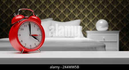 Rückfallzeit. Sommerzeit Ende. Roter Wecker, Wechsel nach einer Stunde, verwackelte Hintergrundkulisse im Schlafzimmer. 3D Rendern Stockfoto