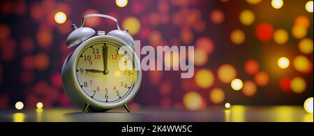 Rückfallzeit. Sommerzeit Ende. Wecker und Bokeh-Lichter, eine Stunde zurück Wechsel in der Nacht. 3D Rendern Stockfoto