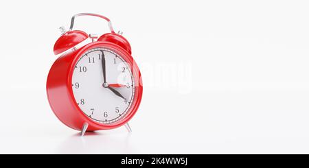 Rückfallzeit. Sommerzeit Ende. Roter Wecker, weiß isoliert, Wechsel nach einer Stunde. 3D Rendern Stockfoto
