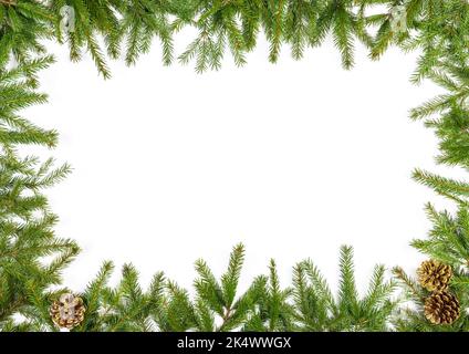 Einfacher Weihnachtsrahmen aus Tannenzweigen und Nadelholzzapfen auf weißem Hintergrund Stockfoto