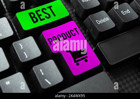 Schild mit dem Titel „Bestes Produkt“. Wort über ein bestimmtes gut geschrieben, das in seiner Vielfalt sehr geschätzt wird Stockfoto