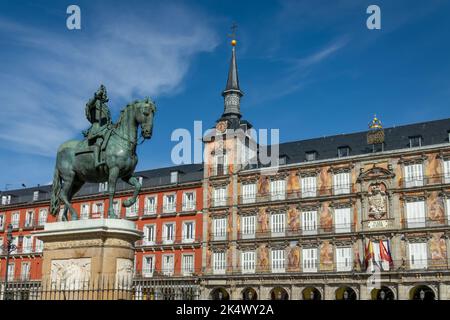 Reiterstatue von König Philipp III. Auf der Plaza Mayor in Madrid, Spanien Stockfoto