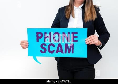 Schild mit Anzeige von Phone Scam. Geschäftsidee unerwünschte Anrufe erhalten, um Produkte oder Service zu bewerben Telesales Stockfoto