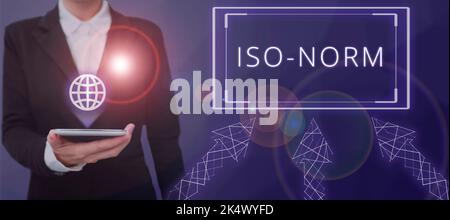 Textunterschrift mit Darstellung der ISO-Norm. Geschäftskonzept ein akzeptierter Standard oder eine Art, Dinge zu tun, die am besten als vereinbart angezeigt werden Stockfoto