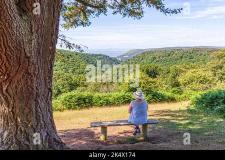 Eine Dame mittleren Alters, die die Aussicht von einem Sitz neben einem Reitweg auf dem Cloussham Ball im Exmoor National Park in Cloussham, Somerset, Großbritannien, genießt Stockfoto