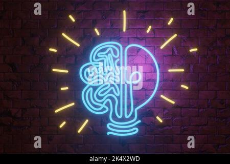 Neon glühende Röhre gebogen in eine Form von Glühbirne und Gehirn auf einer roten Ziegelwand. Illustration des Konzeptes von Ideen und Kreativität Stockfoto