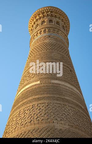 Die Spitze des alten Kalyan Minaretts. Buchara, Usbekistan Stockfoto