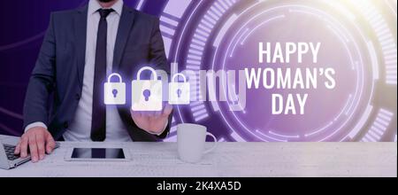 Textunterschrift mit dem Happy Woman S Day. Geschäftsübersicht, um der Essenz jeder Dame auf der ganzen Welt zu gedenken Stockfoto
