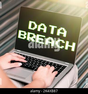 Textüberschrift mit einer Darstellung von Datenschutzverletzungen. Geschäftskonzept unbefugte Freigabe vertraulicher und gesicherter Daten Stockfoto