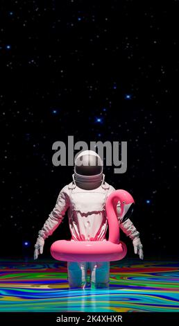 Astronaut mit aufblasbarem Flamingo auf fremdem Planeten vertikale Zusammensetzung 3D Render 3D Illustration Stockfoto