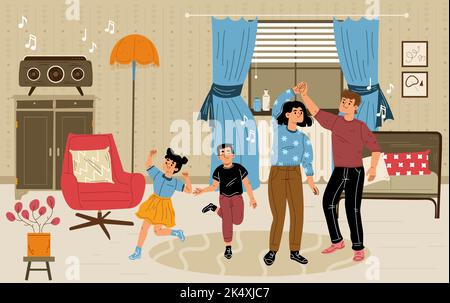 Glückliche Eltern tanzen mit Kindern im Retro-Zimmer. Flache Vektordarstellung von Familien, die Party-Musik zu Hause genießen und Spaß zusammen haben. Mutter und Vater feiern Urlaub mit Kindern, Wochenend-Freizeit Stock Vektor