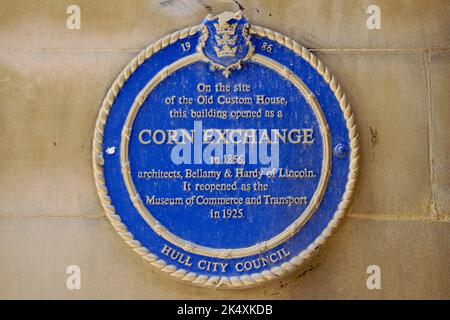 Corn Exchange Blue Plaque-Schild in Hull, Großbritannien Stockfoto