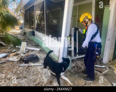Fort Myers, FL, (Okt 3, 2022) - FEMA Urban Search and Rescue Pennsylvania Task Force 1 führt Such- und Rettungsaktionen nach dem heurrischem Ian durch. Stockfoto