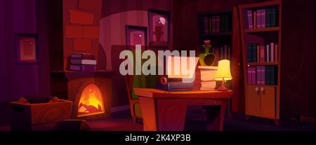 Schreibarbeitsplatz in dunklem Zimmer mit Vintage-Möbeln. Cartoon-Vektor-Illustration von retro möblierten Home Office mit alter Schreibmaschine auf Holzschreibtisch, gemütlichen Sessel und Kamin, viele Bücher auf Regalen Stock Vektor