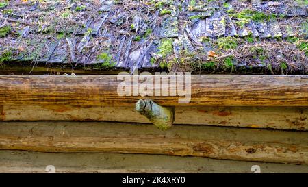 Dekorative Dachrinne aus Holz. Details der alten Architektur in Form eines Halters mit einer Form Stockfoto