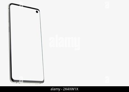 Smartphone mit weißem Display auf weißem, isoliertem Hintergrund. Copyspace Stockfoto