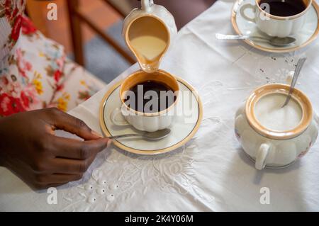 Junge Frau, die ihrem Kaffee Milch zugab. Mit antikem Kaffeeset Stockfoto