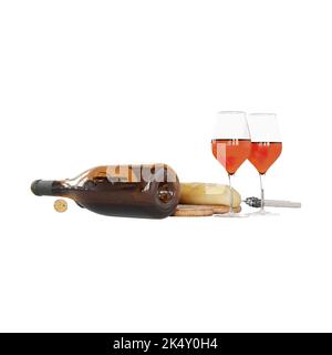 Eine Nahaufnahme einer Flasche, zwei Gläser Wein und ein auf weißem Hintergrund isoliertes Baguette Stockfoto
