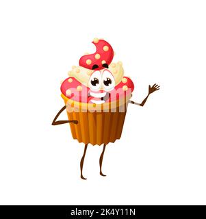 Cartoon Erdbeere Cupcake Charakter, lustige Vektor Muffin Dessert mit Creme und Streuseln. Bäckerei-Persönlichkeit mit lächelndem Gesicht winkende Hand. Kuchen Backhaus Produktion, kawaii Süßwaren Süßigkeiten Stock Vektor