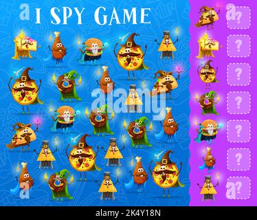 Ich spioniere Spiel Arbeitsblatt, Cartoon Takeaway Fast Food Magier und Zauberer Charaktere, Vektor-Quiz. Kinder rätseln oder rätseln, um zwei gleiche Pizza-Hexenmeister, Cheeseburger-Zauberer und Donut-Zauberer mit Zauberstab zu finden Stock Vektor