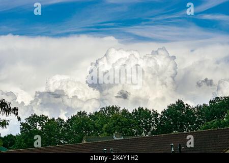 Massive, hoch aufragende Kumuluswolken, auch als Kumulus congestus bekannt, entwickeln sich in der Ferne zu Stürmen Stockfoto