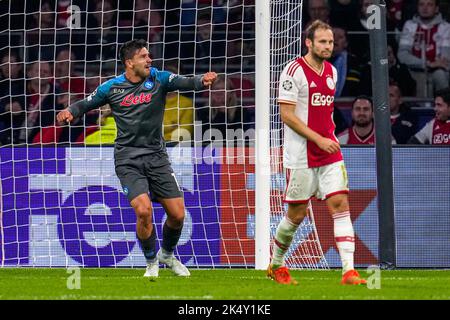 AMSTERDAM, NIEDERLANDE - 4. OKTOBER: Giovanni Simeone von Neapel feiert sein sechstes Tor während des UEFA Champions League-Spiels zwischen Ajax und Napoli in der Johan Cruijff Arena am 4. Oktober 2022 in Amsterdam, Niederlande (Foto von Patrick Goosen/Orange Picics) Credit: Orange Pics BV/Alamy Live News Stockfoto