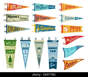 Camping Wimpel Flaggen, Camp Anhänger und Outdoor-Sport-Club-Vektor-Banner. Scout Sommer Camping, Kajak oder Bootstation, Angeln und Bergwandern Camp Wimpel Flagge, Tourismus Banner Stock Vektor