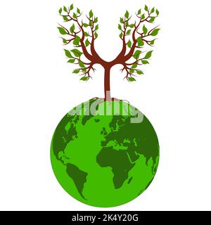 Junger Baum mit grünen Blättern auf dem grünen Planeten Erde isoliert auf weiß. Symbol für ökologische Sauberkeit. Vektordesign-Element. Stock Vektor