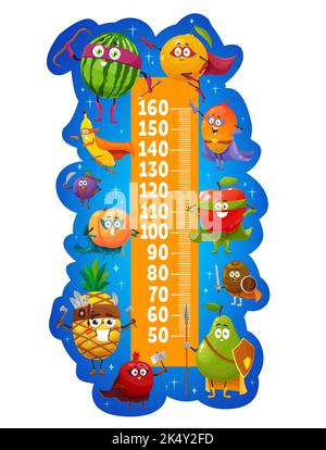 Kinder Höhe Diagramm Cartoon Früchte Superhelden Zeichen, Wachstumsmeter. Vektor Wandaufkleber mit Wassermelone, Orange, Mango, Apfel und Pflaume, Birne, Granat und Ananas, Aprikose oder Kiwi, Bananencharaktere Stock Vektor