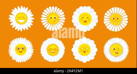 Cartoon niedliche Kamillen oder Gänseblümchen-Blumen-Charaktere. Sommer Gänseblümchen Vektor fröhliche Persönlichkeiten Set, Gartenblume mit weißen Blütenblättern und lächelnde Gesichter. Lustige Kamillenfiguren Emoji Stock Vektor